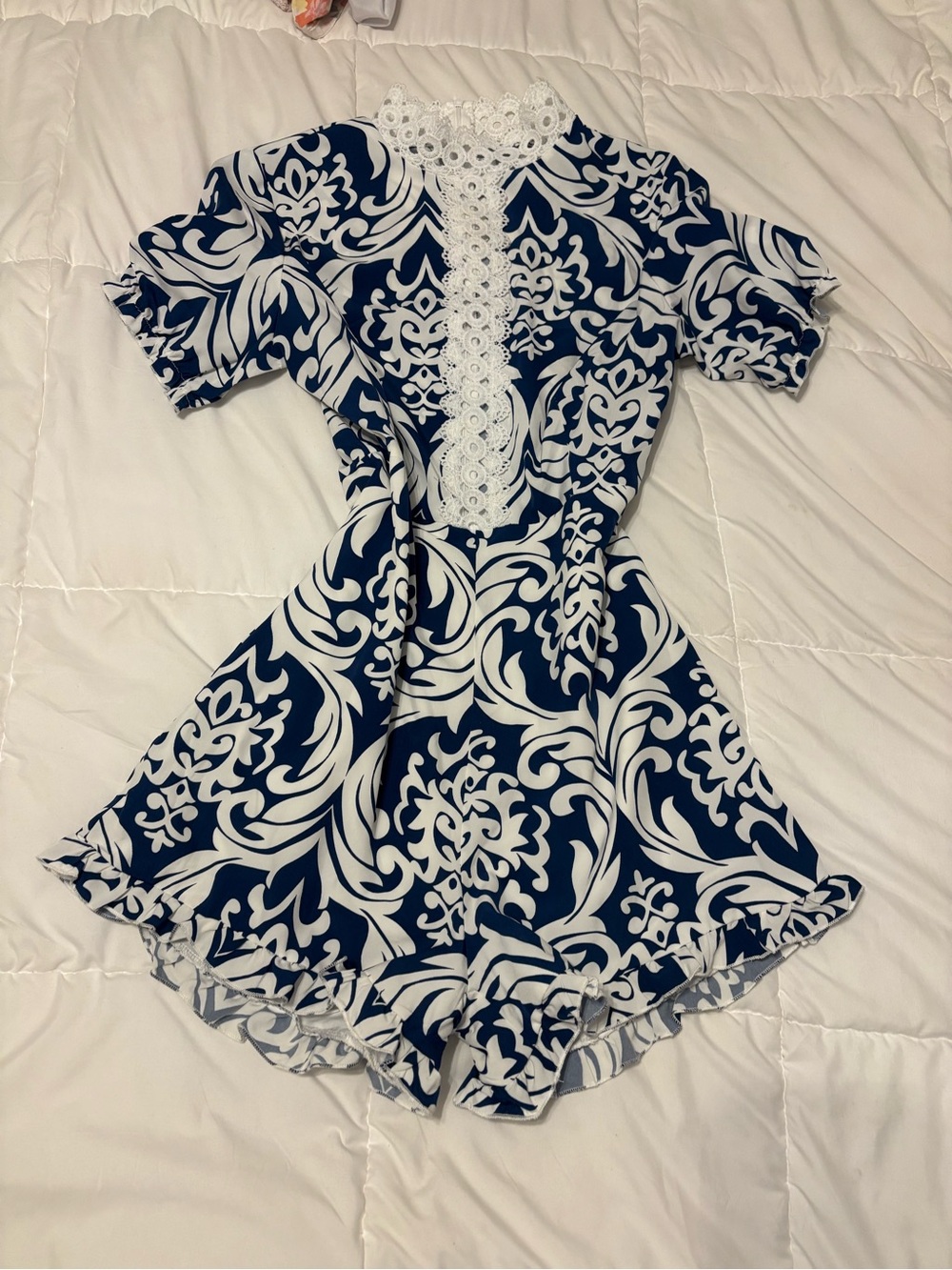 Navy & White Lace-Trimmed Printed Romper